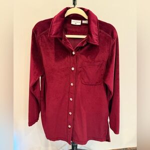 Y2K KATHY IRELAND Velvet Button Down Collared Shirt Jacket Dark Red Indie Size S